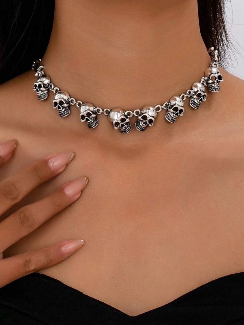 Silver Skull Charm Choker Necklace